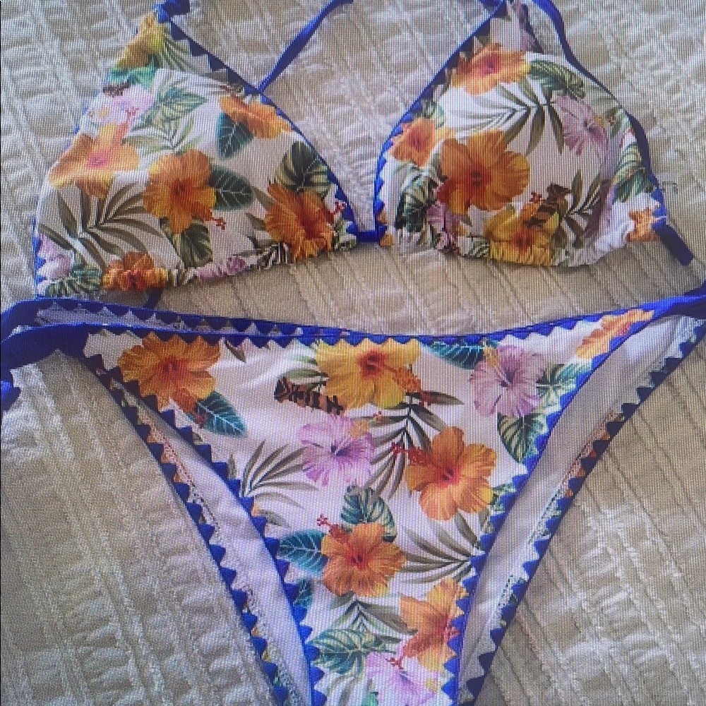 Floral Bikini Set with Blue Trim